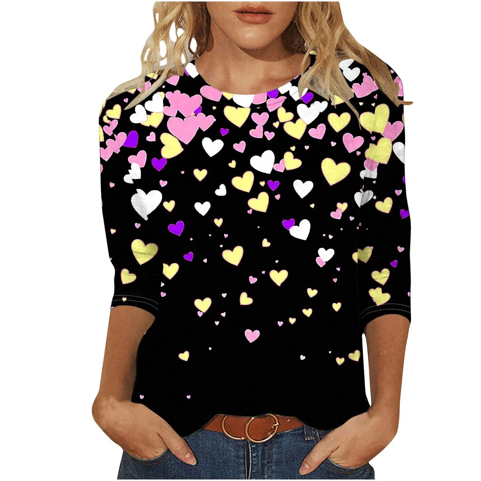 Womens T Shirts Romantic Three-Quarter Sleeve Tops Casual round Neck Sweet Graphic Gift for Lovers Tops