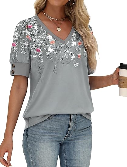 Womens Floral V-Neck Blouse  Loose Fit Dressy Casual Work Top