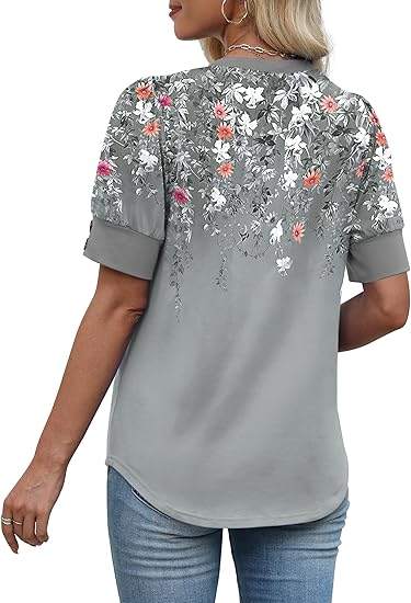 Womens Floral V-Neck Blouse  Loose Fit Dressy Casual Work Top