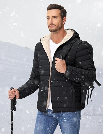 Mens Sherpa-Lined Puffer Jacket  Warm Hooded Winter Coat