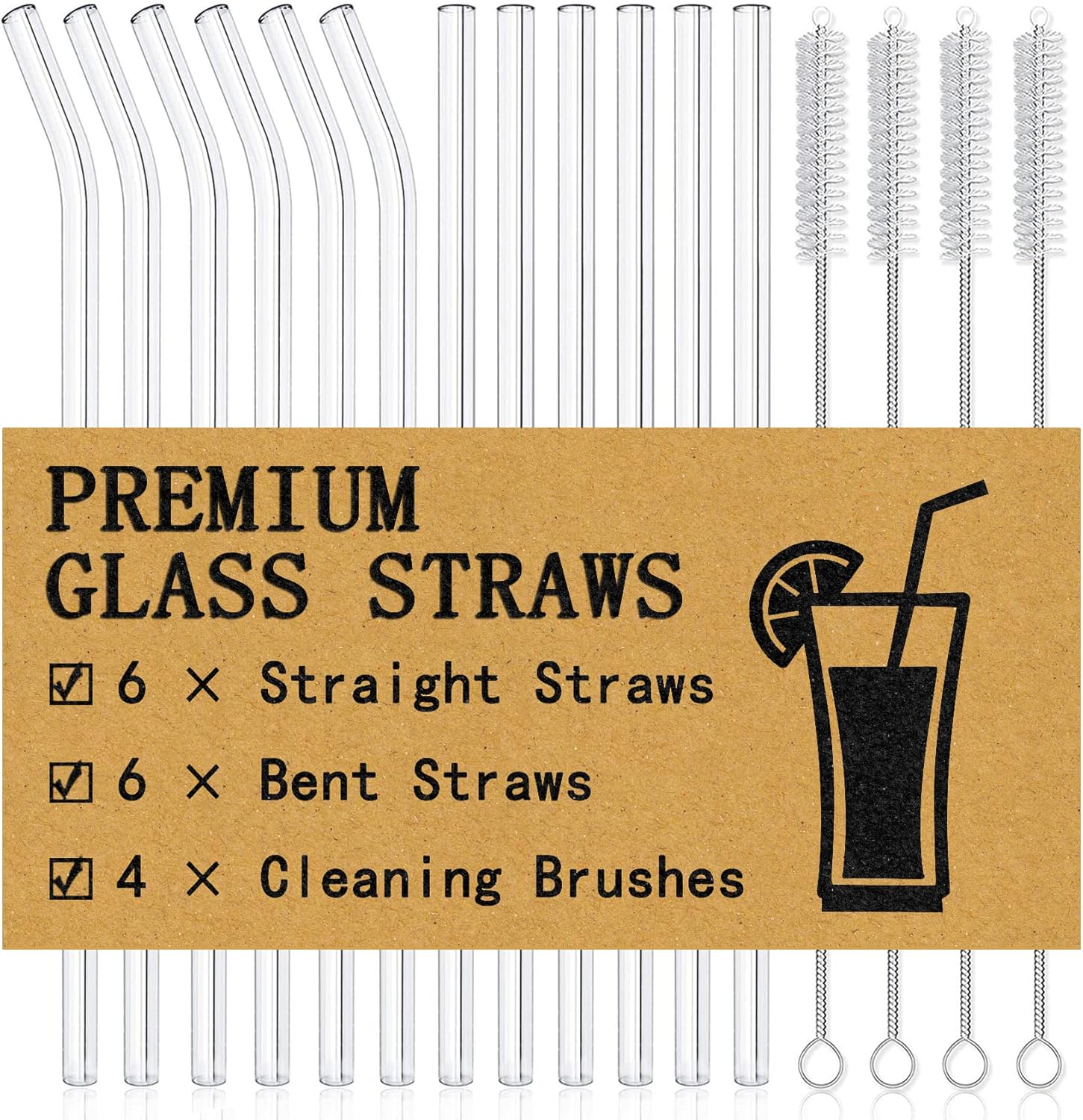 Reusable Glass Drinking Straws Set with Brushes ( 12 Pcs Pack )