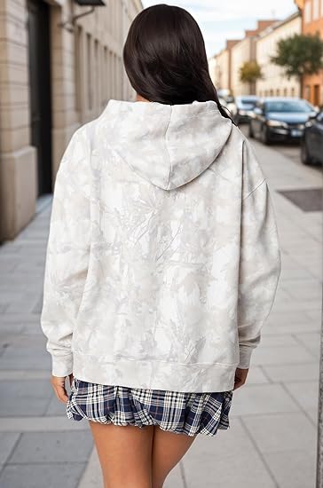 Women's Oversized Camo Hoodie Maple Leaf Fleece Pullover Top