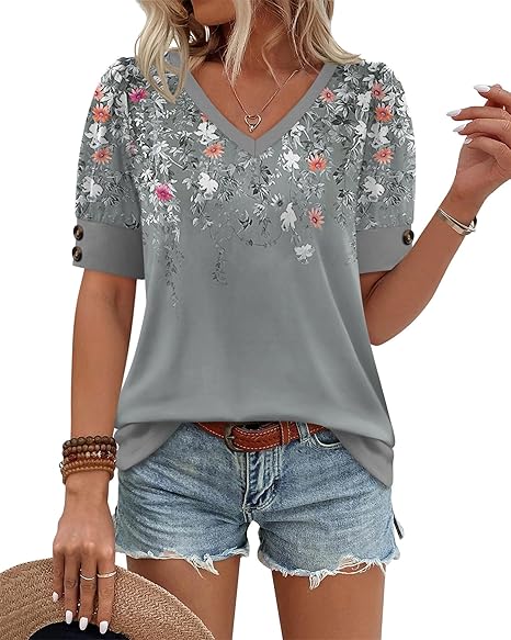 Womens Floral V-Neck Blouse  Loose Fit Dressy Casual Work Top