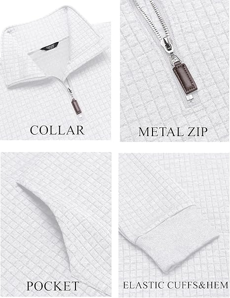 Mens Quarter Zip Waffle Knit Sweatshirt Long Sleeve Casual Pullover