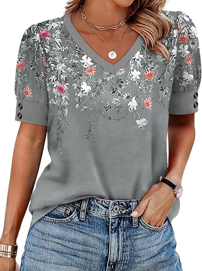 Womens Floral V-Neck Blouse  Loose Fit Dressy Casual Work Top