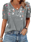 Womens Floral V-Neck Blouse  Loose Fit Dressy Casual Work Top