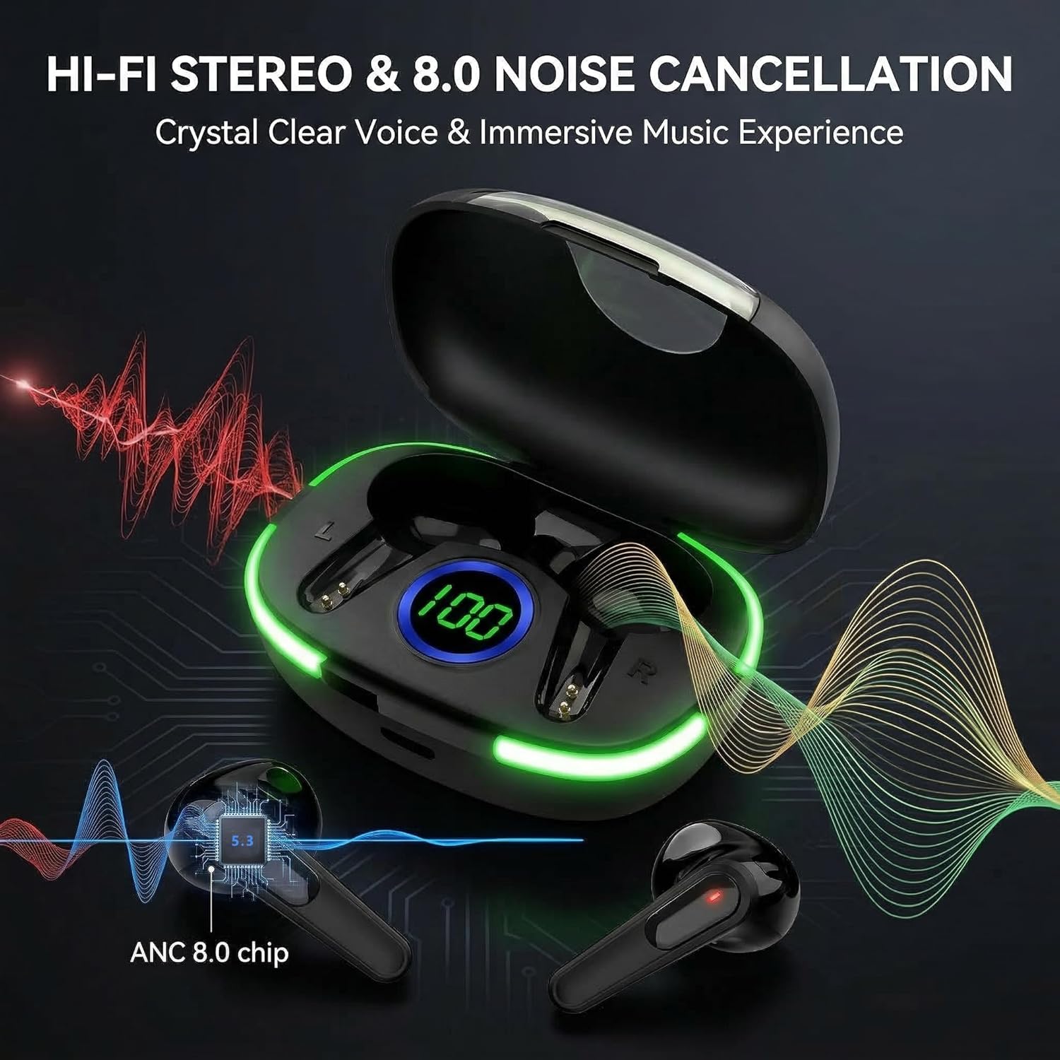 Wireless Earbuds HiFi Stereo with LED Display
