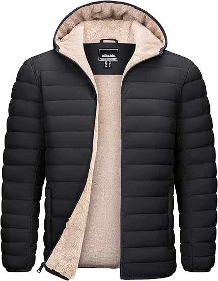 Mens Sherpa-Lined Puffer Jacket  Warm Hooded Winter Coat