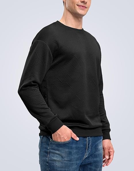 Mens Textured Crewneck Sweatshirt Casual Long Sleeve Pullover