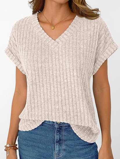 Womens V-Neck Blouse  Casual Dressy Short Sleeve Tunic Top