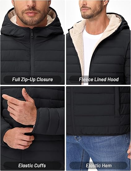 Mens Sherpa-Lined Puffer Jacket  Warm Hooded Winter Coat
