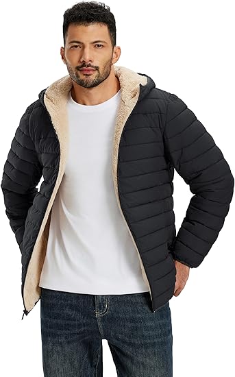 Mens Sherpa-Lined Puffer Jacket  Warm Hooded Winter Coat