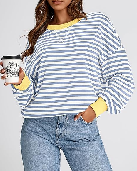 Women's Oversized Striped Sweatshirt  Crewneck Pullover Top