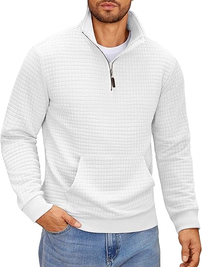 Mens Quarter Zip Waffle Knit Sweatshirt Long Sleeve Casual Pullover