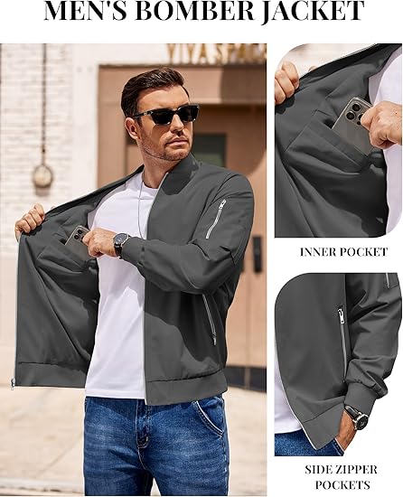Mens Lightweight Bomber Jacket  Casual Windbreaker Coat