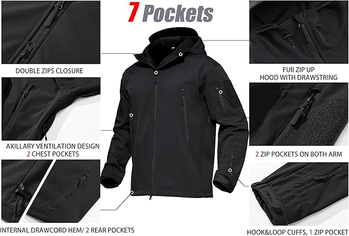 Mens Tactical Softshell Jacket  Waterproof Fleece-Lined Windbreaker