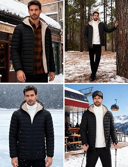 Mens Sherpa-Lined Puffer Jacket  Warm Hooded Winter Coat