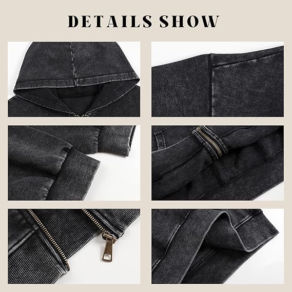 Acid Wash Zip Up Hoodie Oversized Vintage Streetwear