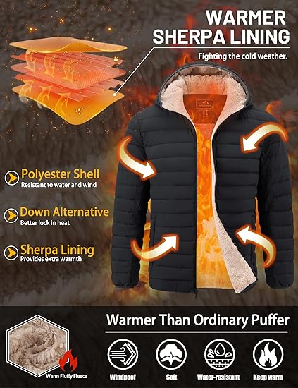 Mens Sherpa-Lined Puffer Jacket  Warm Hooded Winter Coat