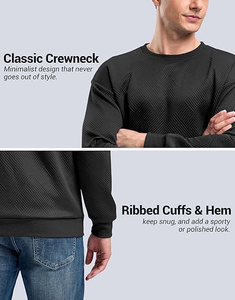 Mens Textured Crewneck Sweatshirt Casual Long Sleeve Pullover