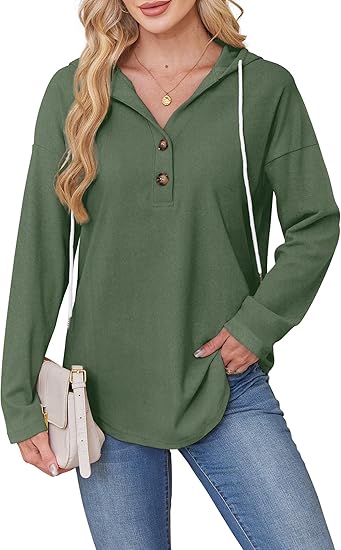 Women's V-Neck Hoodie Tunic  Long Sleeve Casual Pullover Top