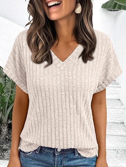 Womens V-Neck Blouse  Casual Dressy Short Sleeve Tunic Top