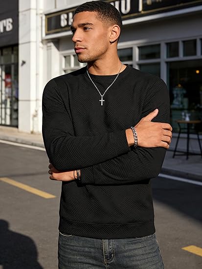 Mens Waffle Crewneck Sweatshirt Casual Long Sleeve Pullover Shirt