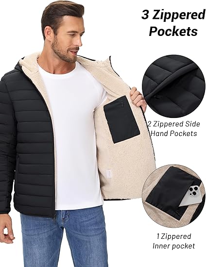 Mens Sherpa-Lined Puffer Jacket  Warm Hooded Winter Coat