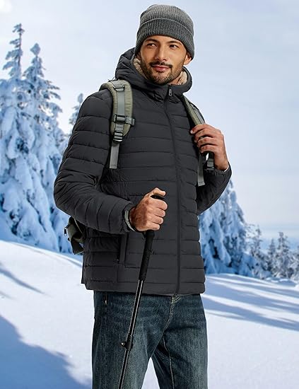 Mens Sherpa-Lined Puffer Jacket  Warm Hooded Winter Coat