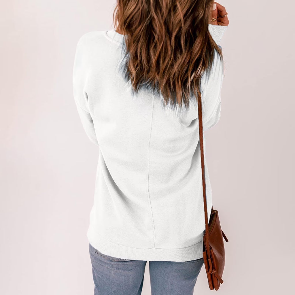 Womens V Neck Sweatshirt Long Sleeve Solid Casual Loose Fit Tops Blouses with Pockets Soft Comfy Pullover Tops Shirts