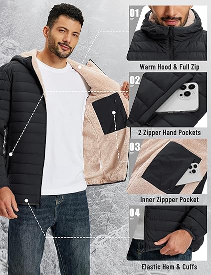 Mens Sherpa-Lined Puffer Jacket  Warm Hooded Winter Coat