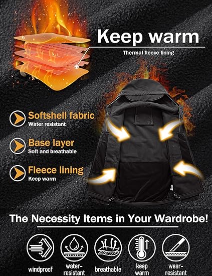 Mens Tactical Softshell Jacket  Waterproof Fleece-Lined Windbreaker
