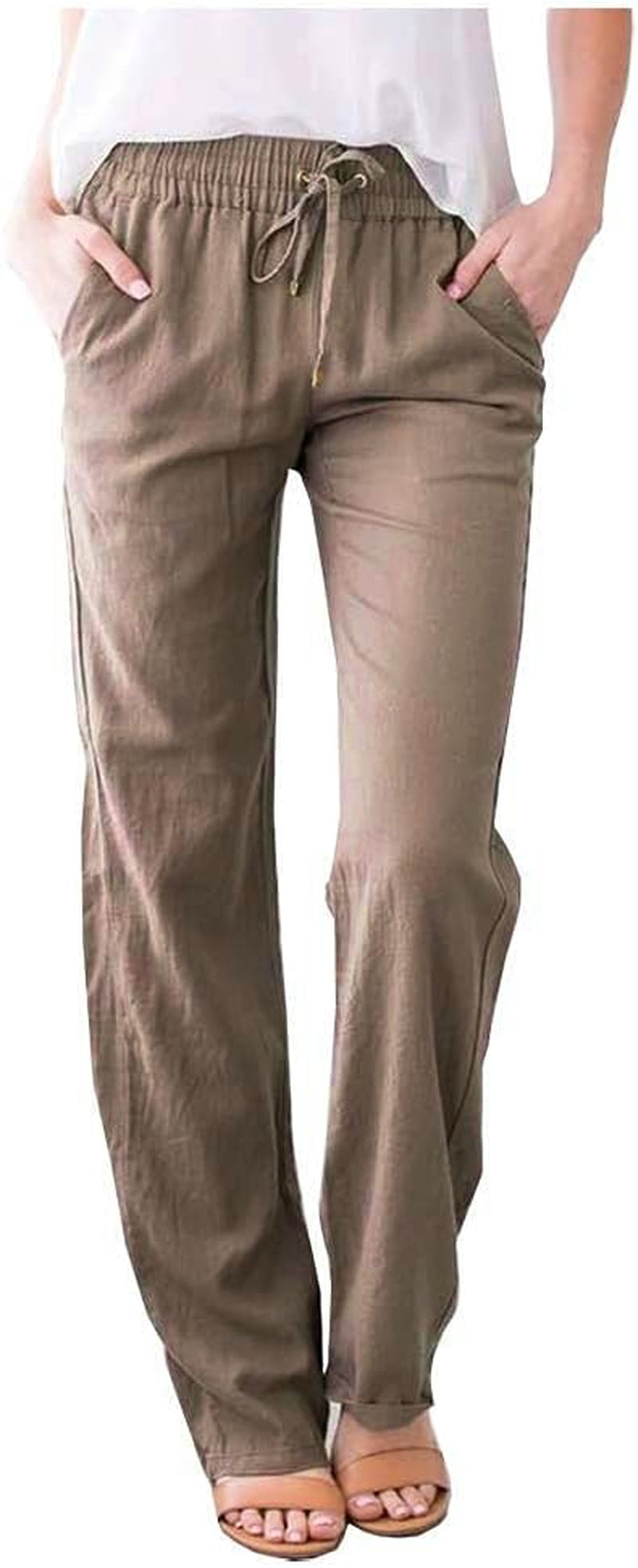 Women'S Cotton Linen Pants Drawstring Elastic Waist Side Pockets High Rise Casual Loose Trousers Pants Khaki