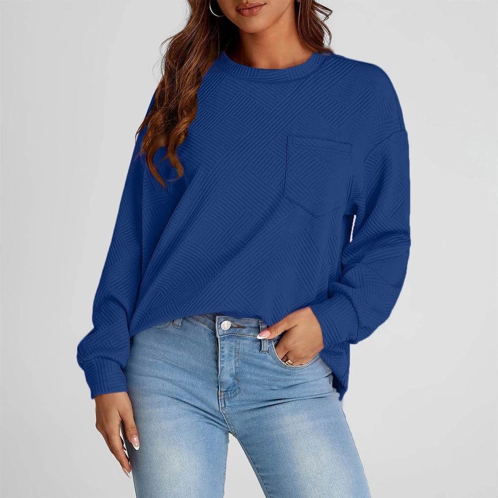 Women'S Casual Textured Sweatshirts 2024 Fall Winter Long Sleeve Blouse Drop Shoulder Crew Neck Pullover Tops with Pocket under $10 Blue,S