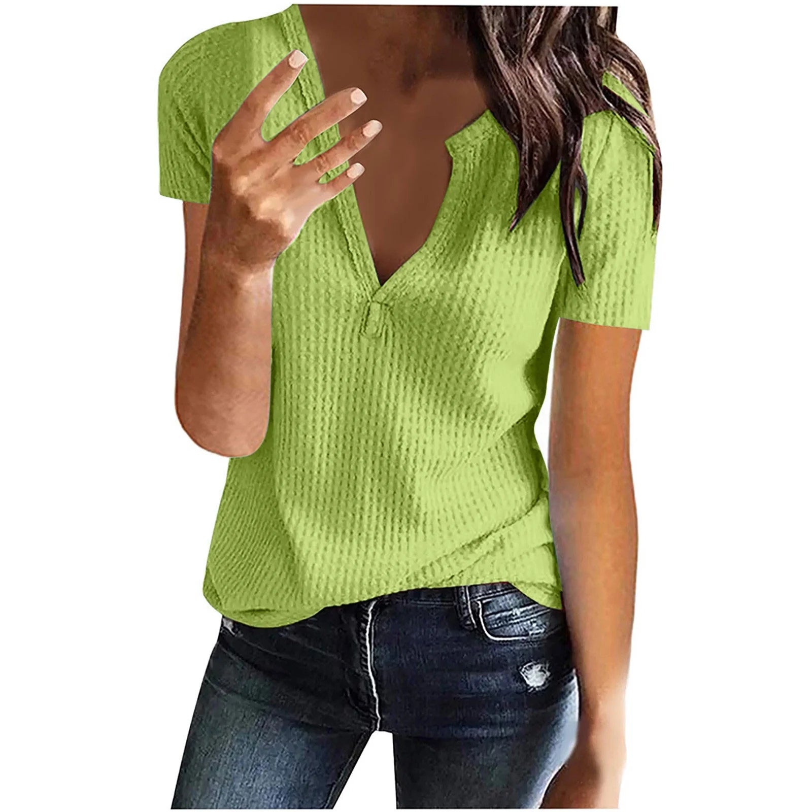 Waffle Knit Short Sleeve Tops for Women Summer V Neck Henley Shirts plus Size Lightweight Solid Color Tunic Blouses Vacation Sale,Green,Xxxl
