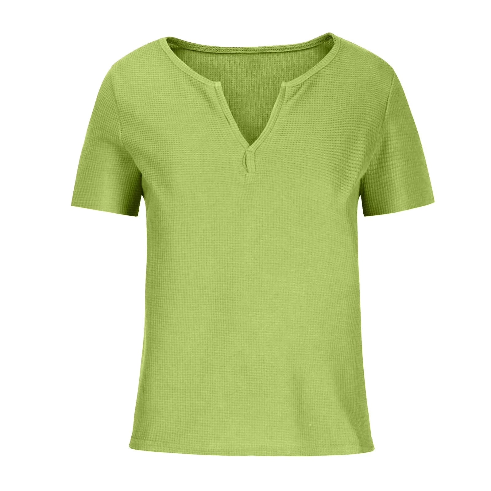 Waffle Knit Short Sleeve Tops for Women Summer V Neck Henley Shirts plus Size Lightweight Solid Color Tunic Blouses Vacation Sale,Green,Xxxl