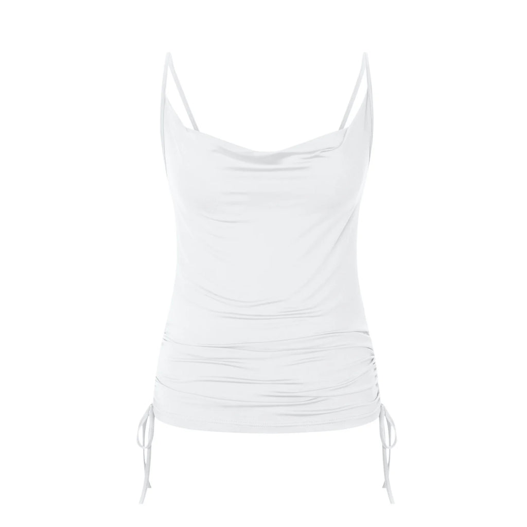 Solid Spaghetti Strap Camisoles Women Soft Tredny Side Drawstring Ruched Tank Tops Elegant Cowl Neck Cami Tops Fitted Y2K Going Out Crop Tops