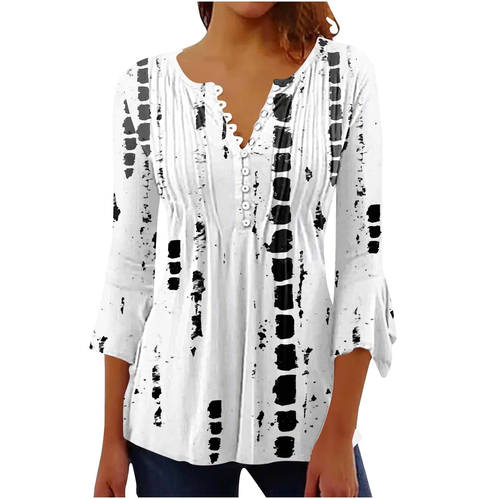 Woman Clothes under 5 3/4 Length Sleeve Womens Tops Button down V Neck T Shirts Floral Summer Tunic Ladies Tops Elegant Dressy Casual Blouses Fashion Vacation Tee Shirts Ropa Mujer