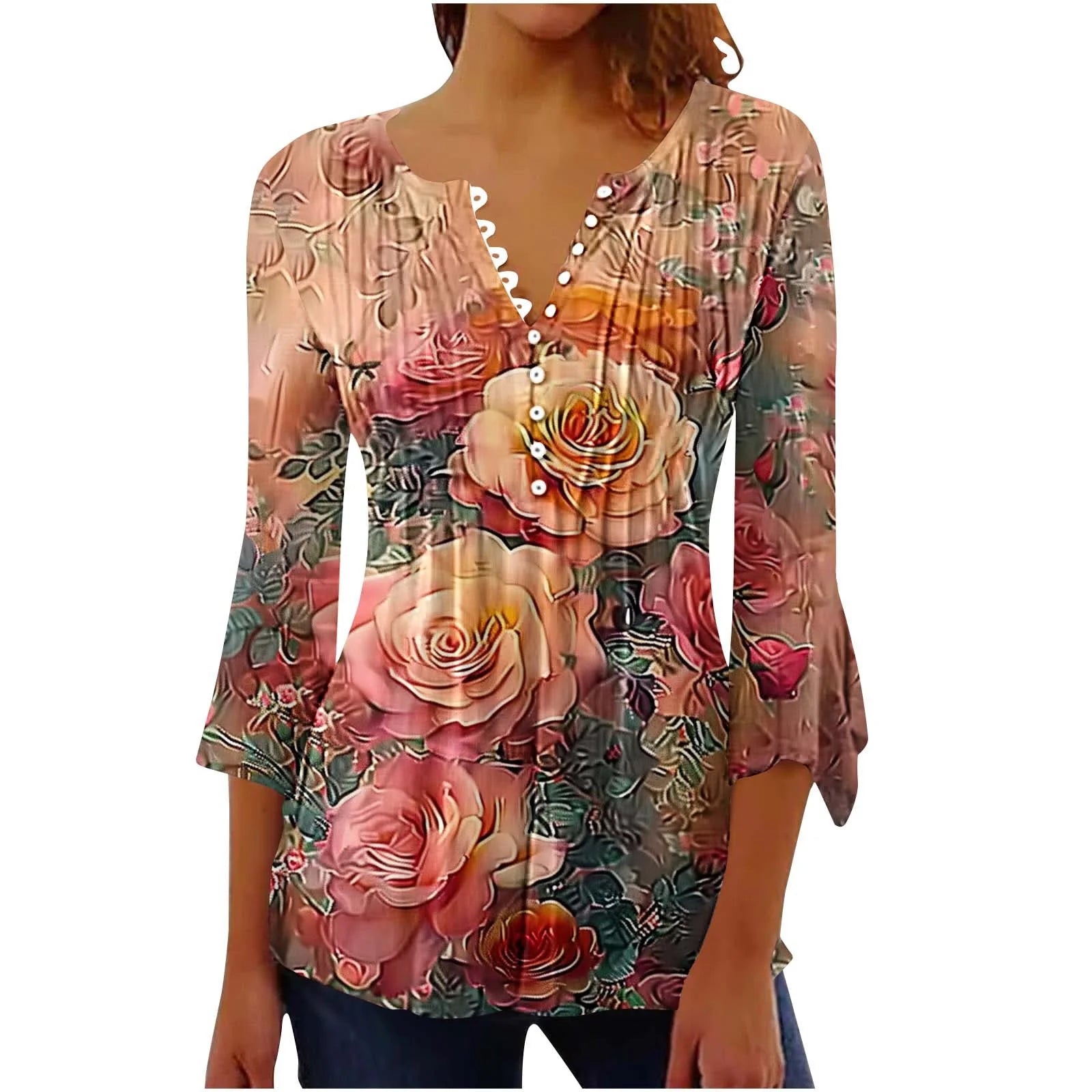 3/4 Length Sleeve Womens Tops Button down V Neck T Shirts Floral Summer Tunic Ladies Tops Elegant Dressy Casual Blouses Fashion Vacation Tee Shirts Ropa Mujer