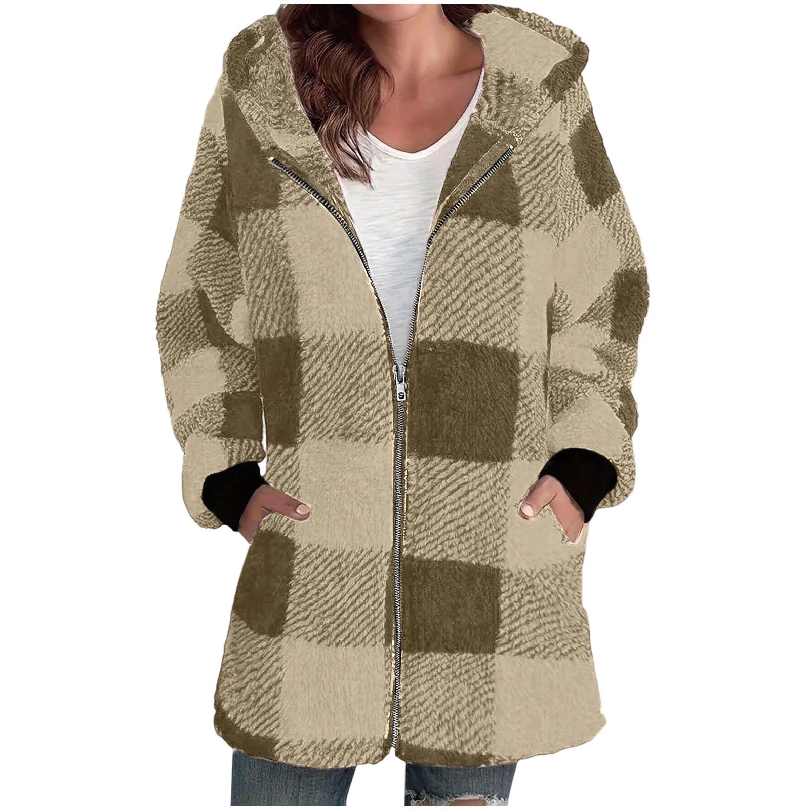 Plaid Flannel Jacket Women Casual Sherpa Lined Zip up Hooded Cardigan Sweaters plus Size Plaid Shacket Fall Winter Teddy Coat