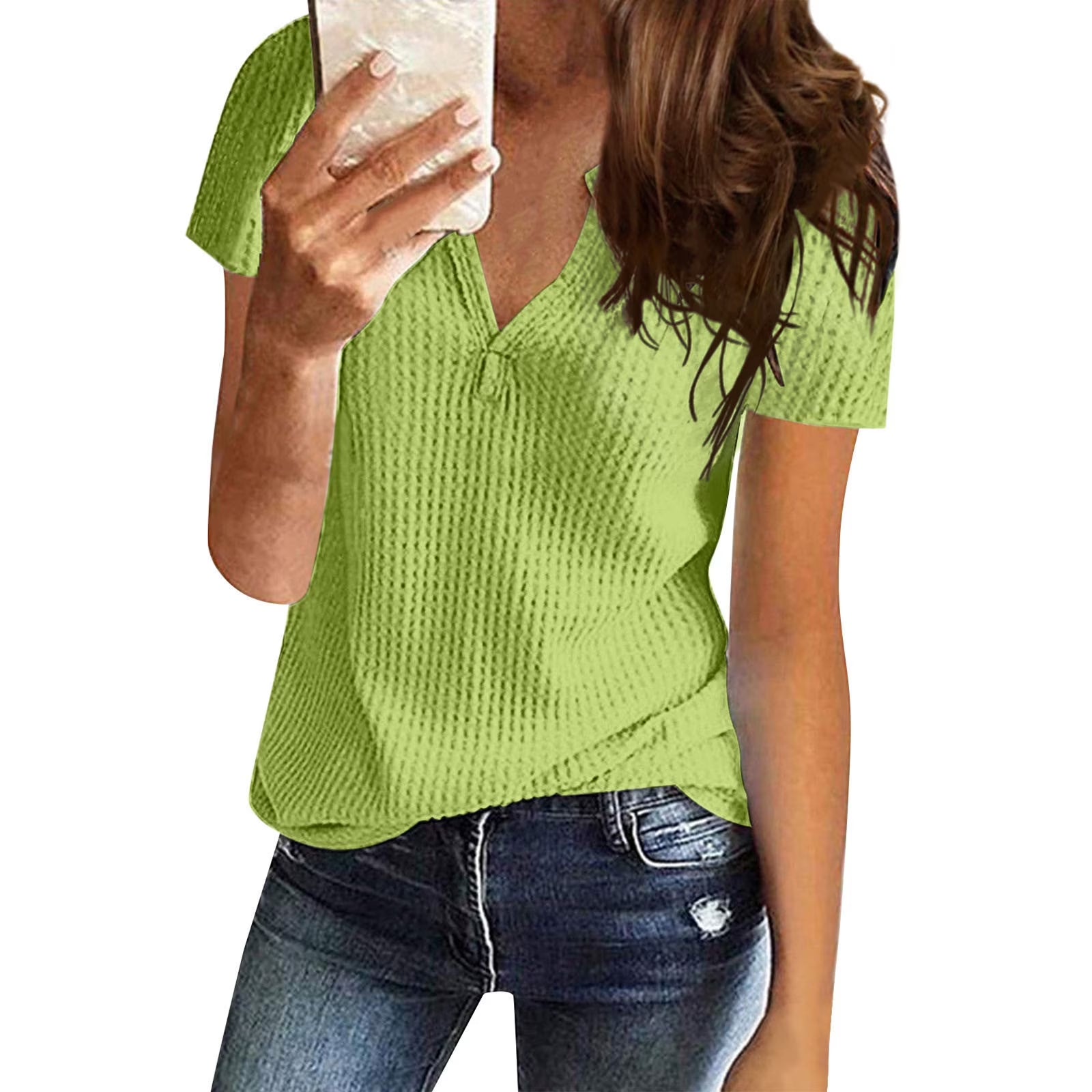 Waffle Knit Short Sleeve Tops for Women Summer V Neck Henley Shirts plus Size Lightweight Solid Color Tunic Blouses Vacation Sale,Green,Xxxl