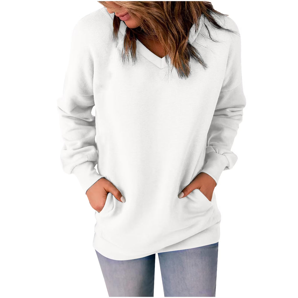 Womens V Neck Sweatshirt Long Sleeve Solid Casual Loose Fit Tops Blouses with Pockets Soft Comfy Pullover Tops Shirts
