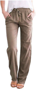 Women'S Cotton Linen Pants Drawstring Elastic Waist Side Pockets High Rise Casual Loose Trousers Pants Khaki