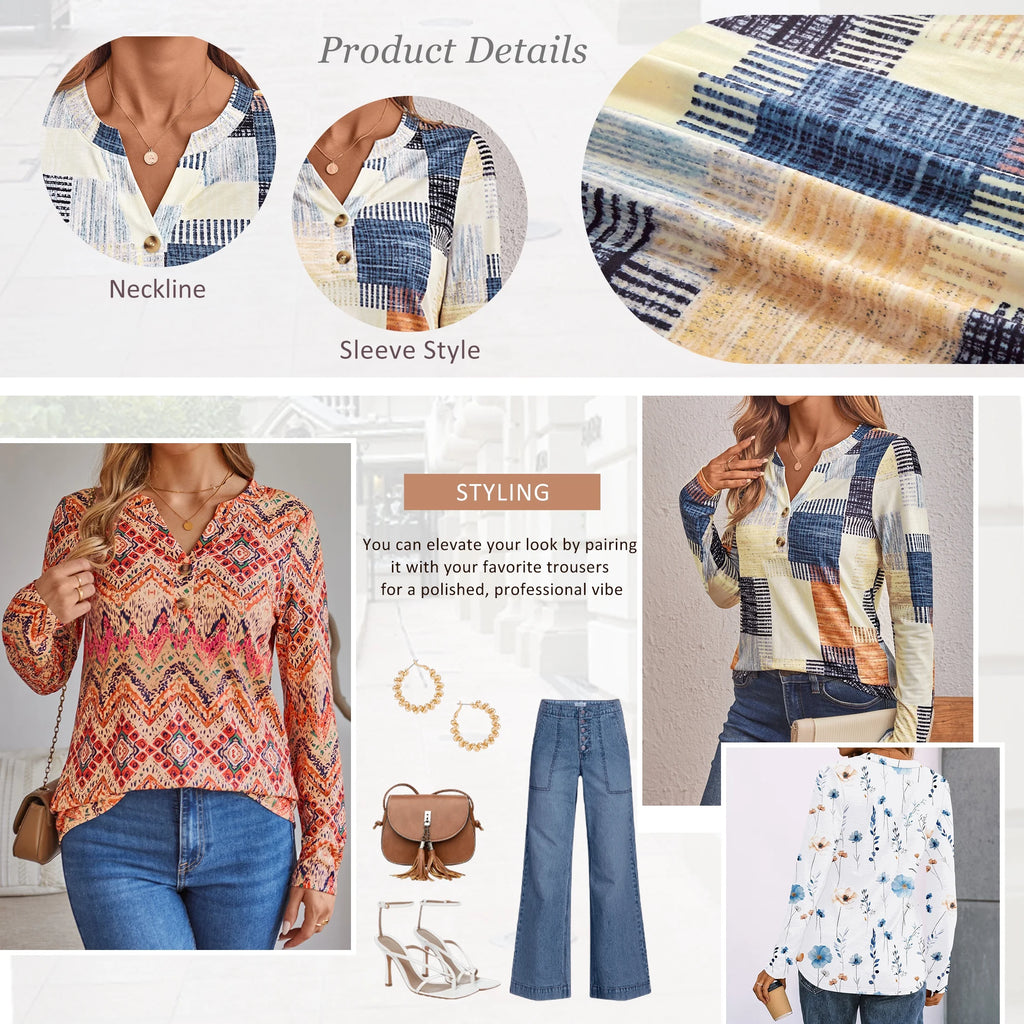 Henley Blouses for Women Long Sleeve Shirts Fall Fashion Dressy Casual Tops Cute Work Outfits Clothes